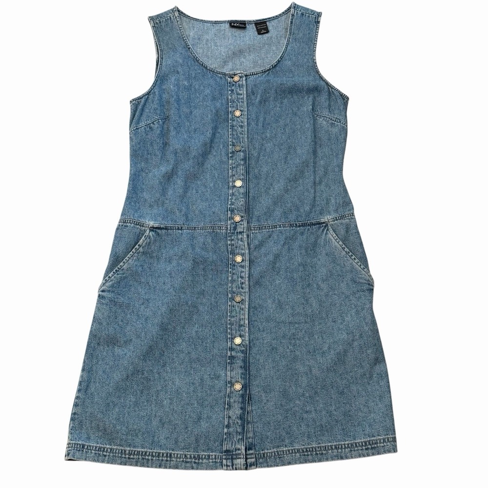 Vintage 90s NY Jeans 100% Cotton Denim Jumper Dress Womens 8 Blue Preppy Teacher